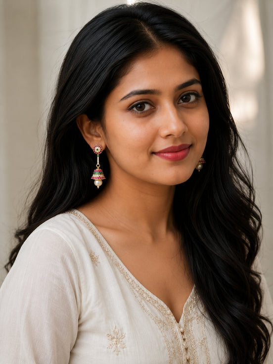 Gold Plated American Diamond Pearl Jhumka Earrings
