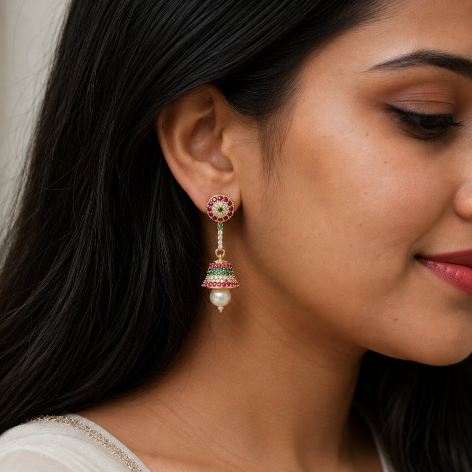Gold Plated American Diamond Pearl Jhumka Earrings
