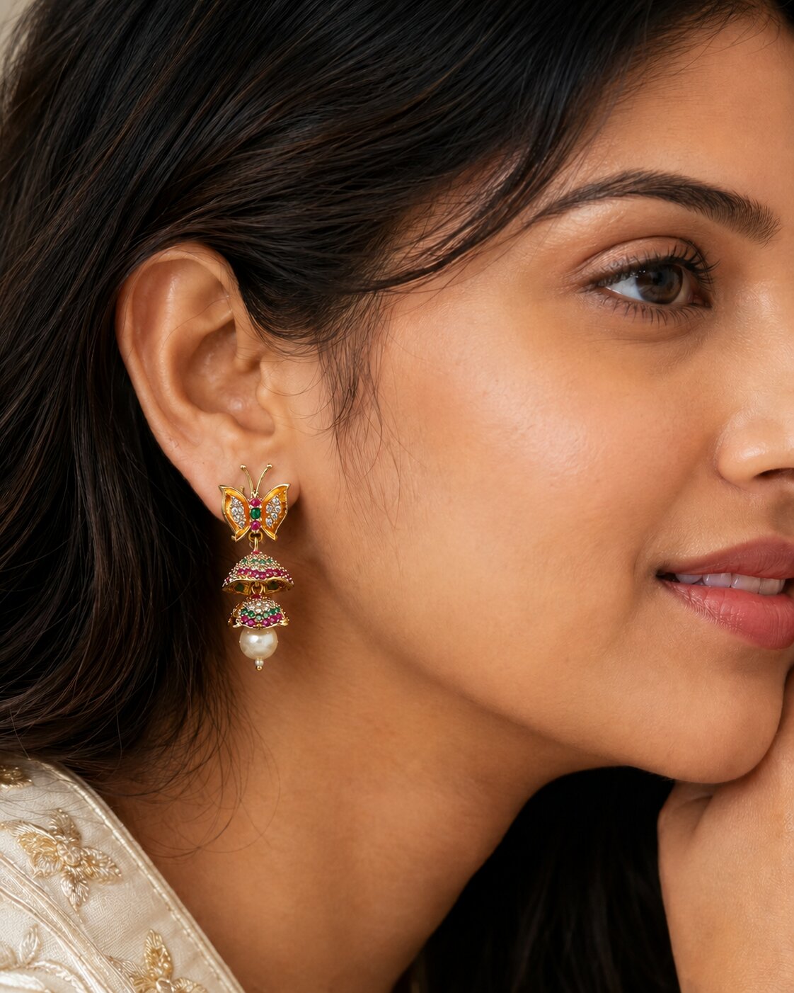 Red-Green Butterfly Gold Plated Jhumka