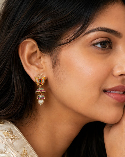 Red-Green Butterfly Gold Plated Jhumka