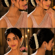 A four-panel collage showing a woman modeling a white floral hair accessory and dangling earrings, wearing a light pink embellished top against a warm indoor background.
