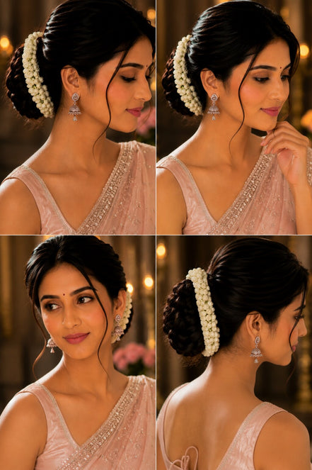 A four-panel collage showing a woman modeling a white floral hair accessory and dangling earrings, wearing a light pink embellished top against a warm indoor background.