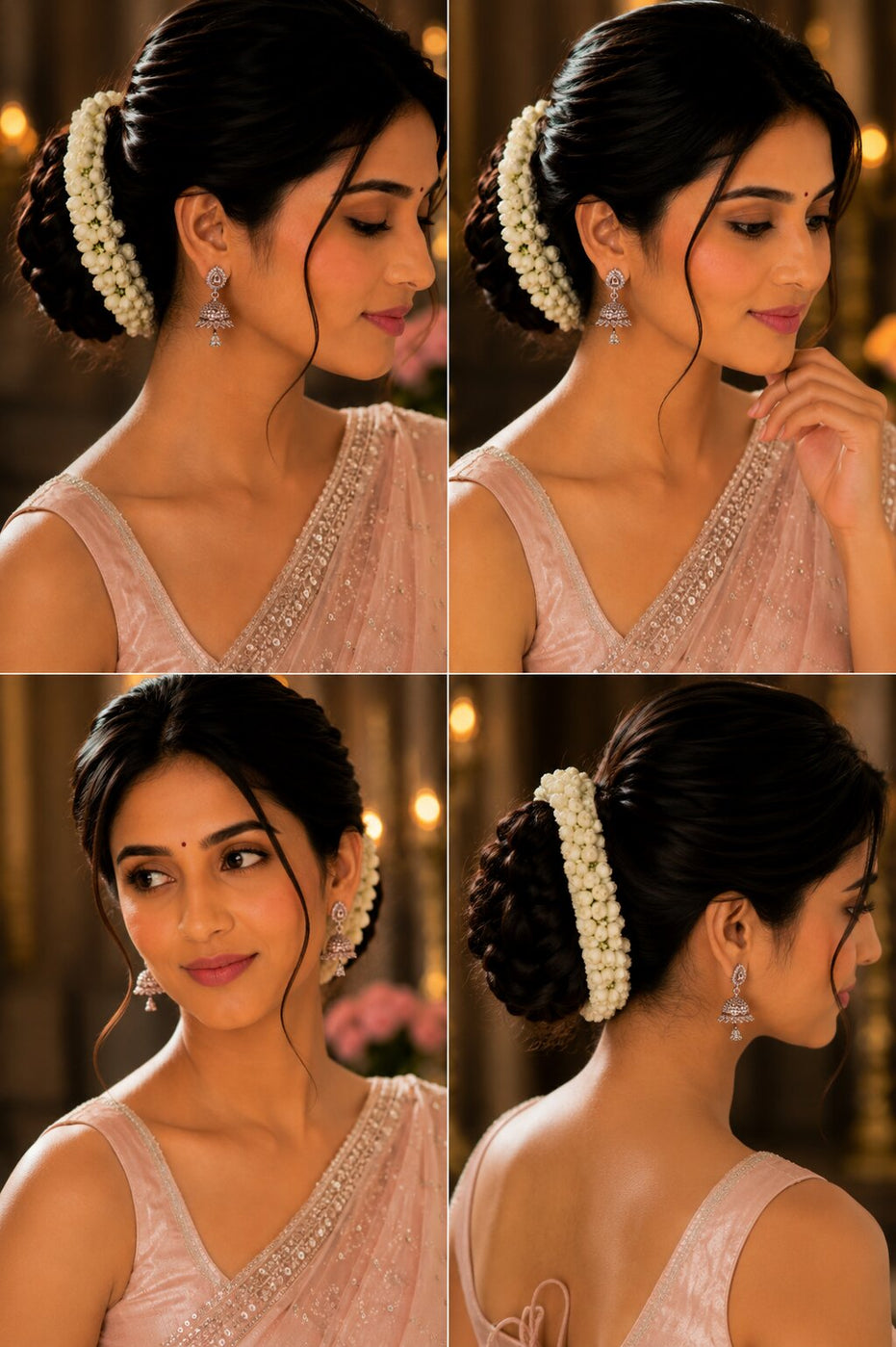 A four-panel collage showing a woman modeling a white floral hair accessory and dangling earrings, wearing a light pink embellished top against a warm indoor background.