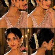 A four-panel collage showing a woman modeling a white floral hair accessory and dangling earrings, wearing a light pink embellished top against a warm indoor background.