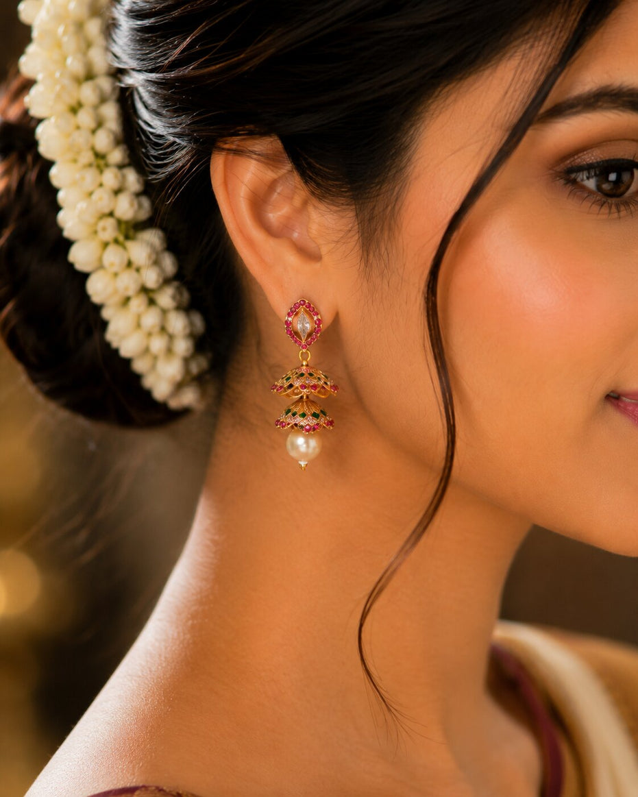 Beautiful 2 Layered Red Gold Plated Jhumka