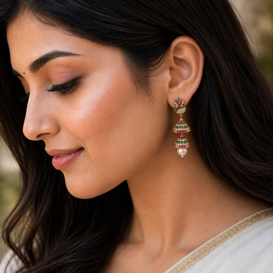 Gold Plated Peacock Double Jhumka Earrings with Pearl Drop