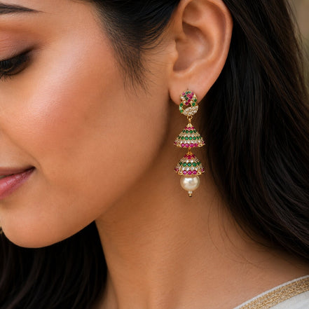 Gold Plated Peacock Double Jhumka Earrings with Pearl Drop
