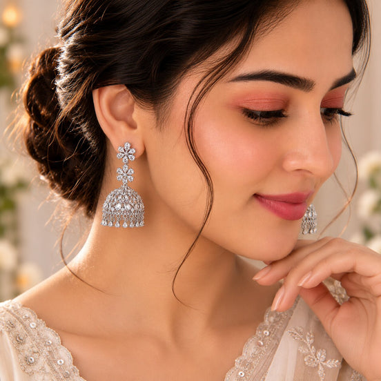 Big American Diamond Rhodium Jhumka