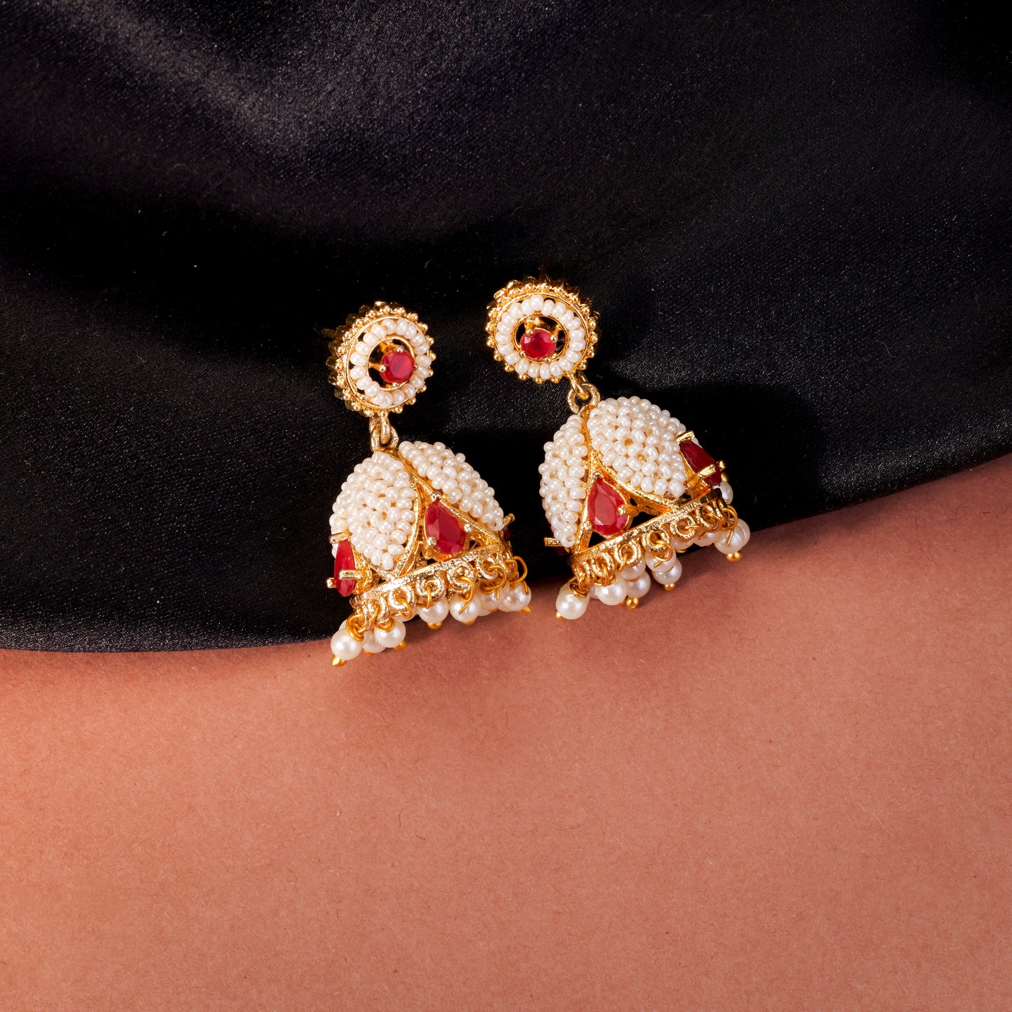 Pearl and Ruby Jhumka Earrings.