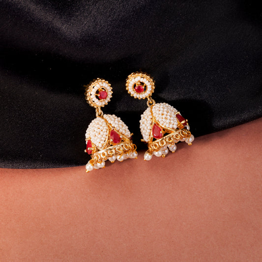 Pearl and Ruby Jhumka Earrings.