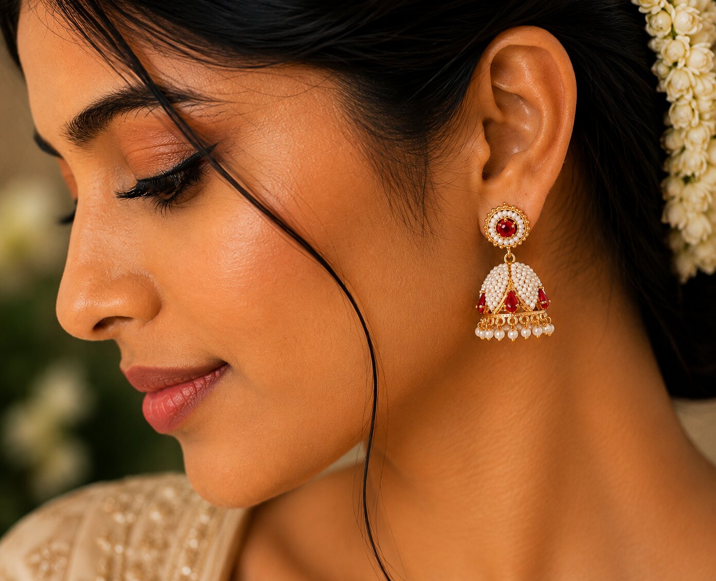 Pearl and Ruby Jhumka Earrings.