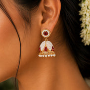 Pearl and Ruby Jhumka Earrings.