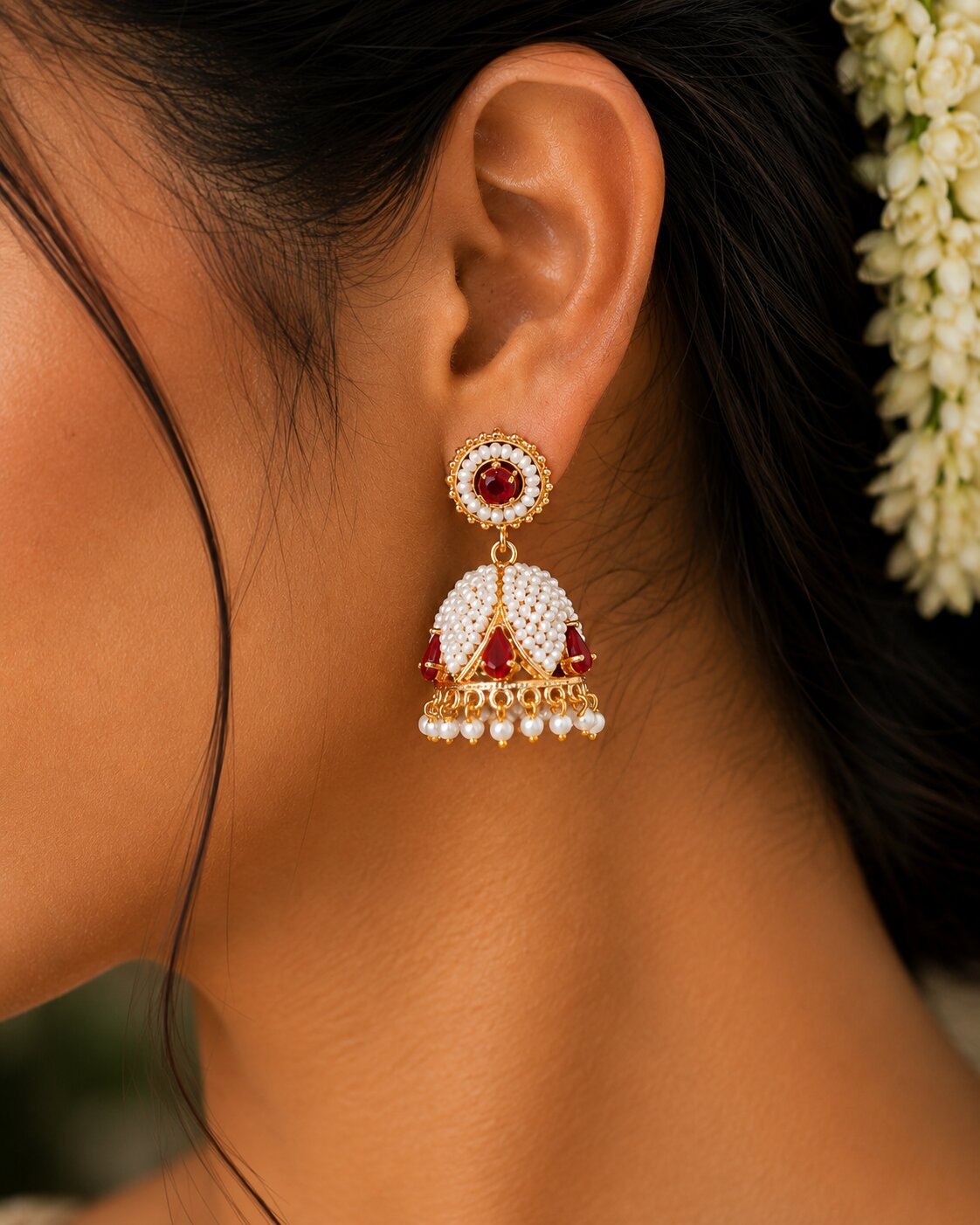 Pearl and Ruby Jhumka Earrings.