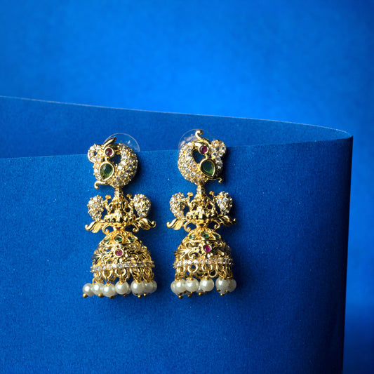 Gold Plated Temple Peacock Jhumka Earrings with Pearls