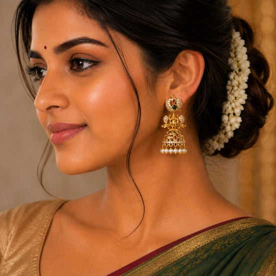 Gold Plated Traditional Peacock Jhumka Pattern Earrings