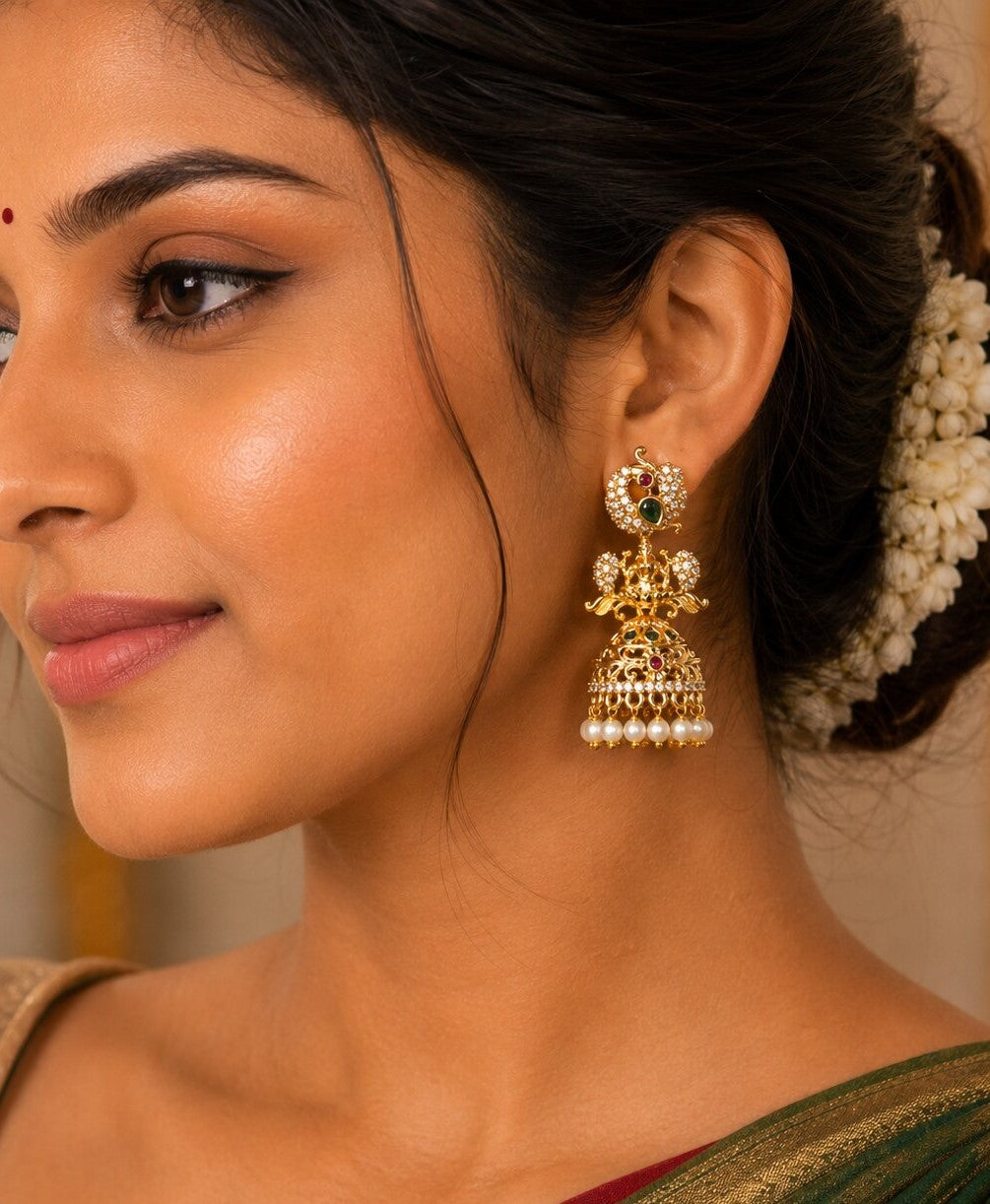 Gold Plated Traditional Peacock Jhumka Pattern Earrings