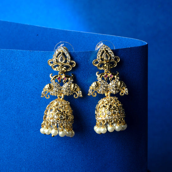 Gold Plated Peacock Jhumkas with CZ Stones and Pearls