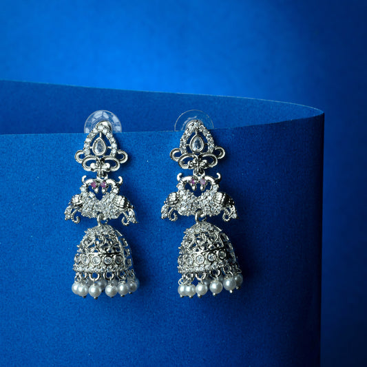 Rhodium Plated CZ Stone Pearl Drop Jhumka Earrings