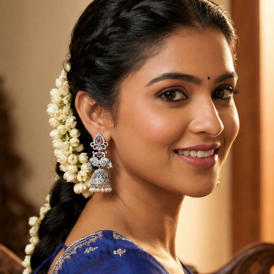 Rhodium Plated Floral Motifs & Intricate Traditional Stone Work Pearl Drops Jhumka Earrings