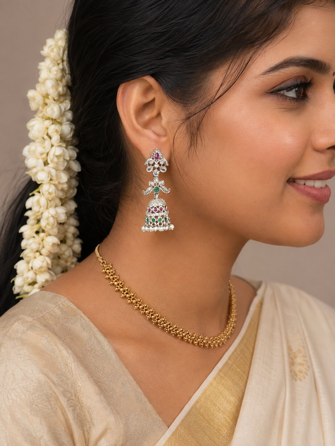 Rhodium Plated Floral Motif & Pearl Drops Designer Jhumka Pattern Earrings