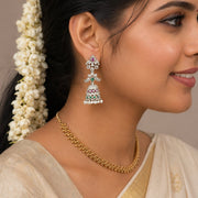 Rhodium Plated Floral Motif & Pearl Drops Designer Jhumka Pattern Earrings