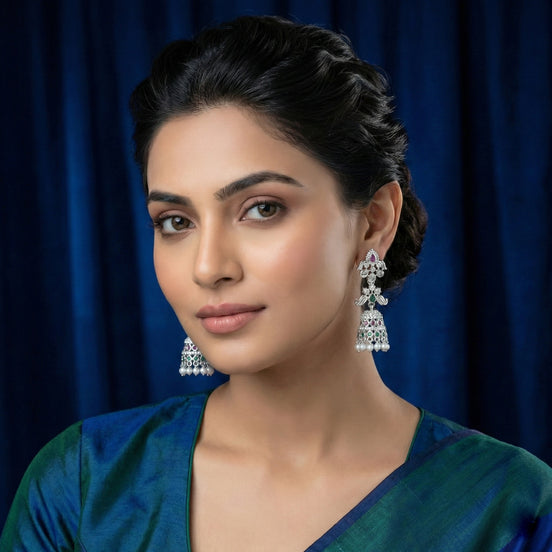 Elegant Rhodium Plated CZ Jhumka Earrings
