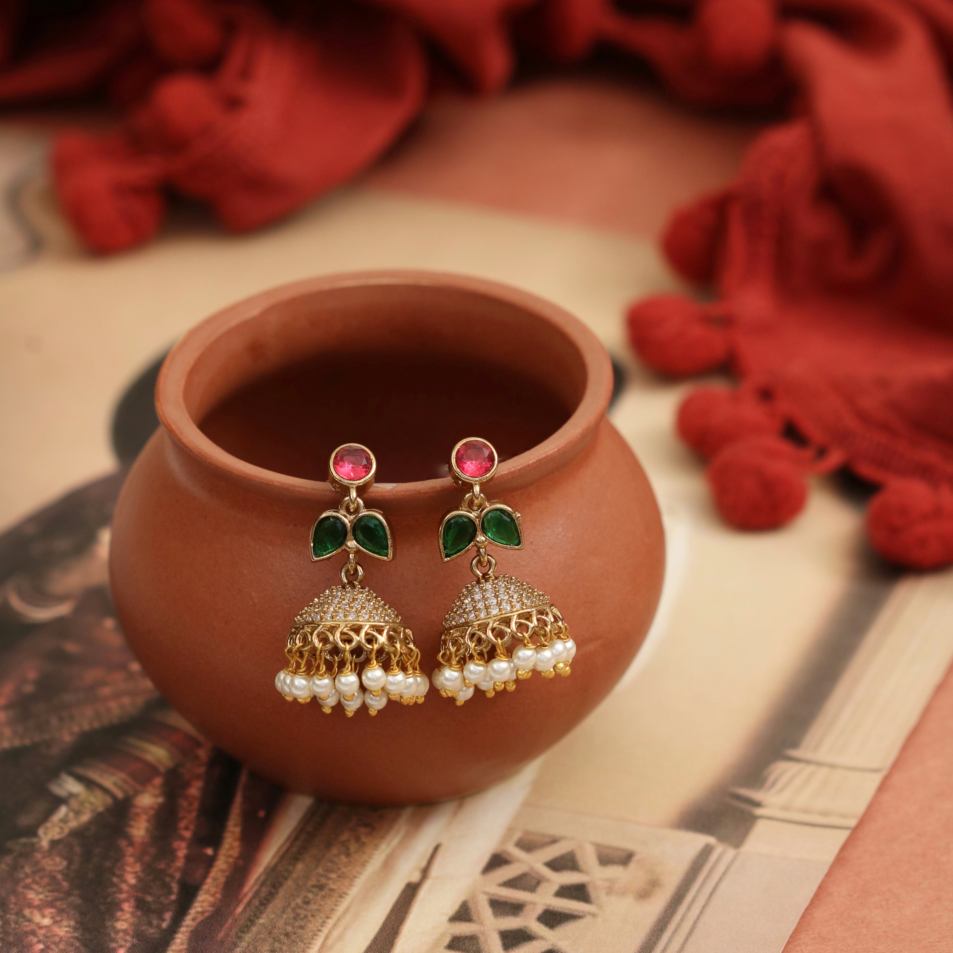 Traditional Single Leaf Petals Mehendi Plated Jhumka