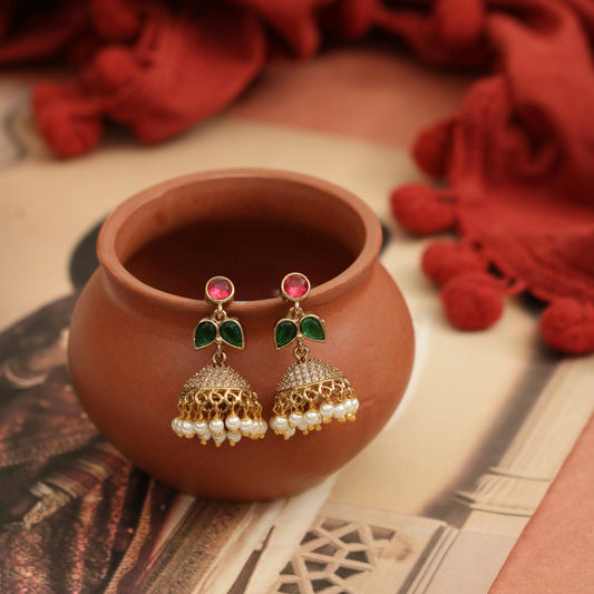 Traditional Single Leaf Petals Mehendi Plated Jhumka