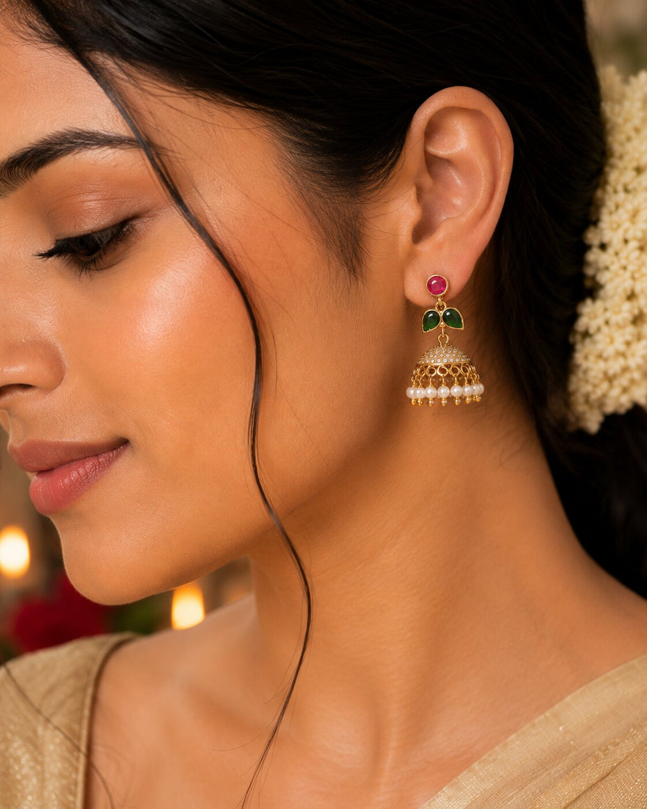 Traditional Single Leaf Petals Mehendi Plated Jhumka