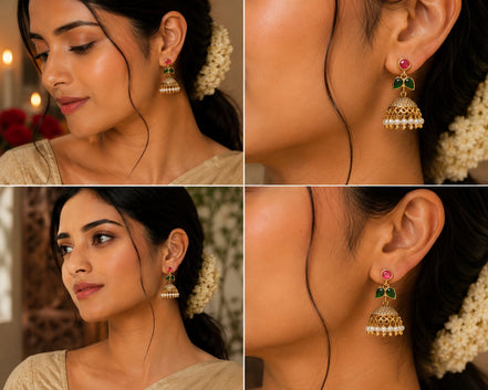 Traditional Single Leaf Petals Mehendi Plated Jhumka