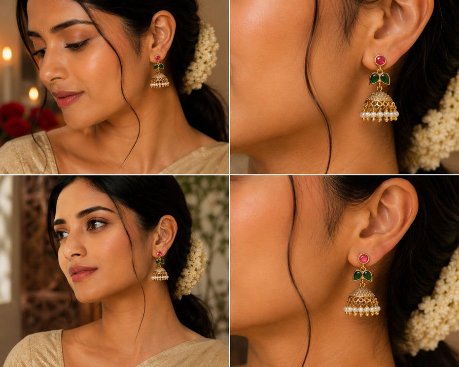 Traditional Single Leaf Petals Mehendi Plated Jhumka