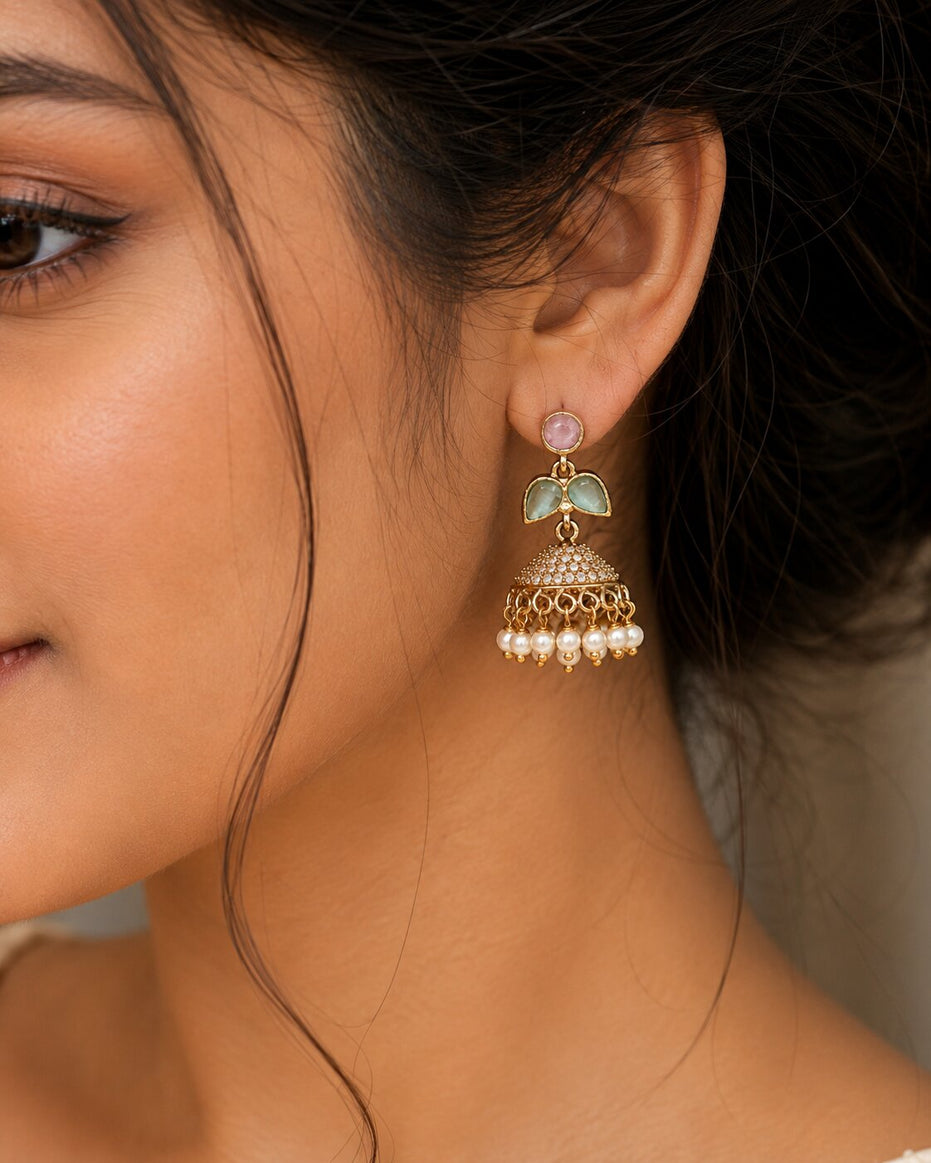 Traditional Single Leaf Petals Mehendi Plated Jhumka