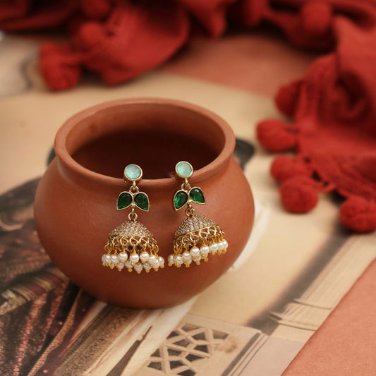 Traditional Single Leaf Petals Mehendi Plated Jhumka