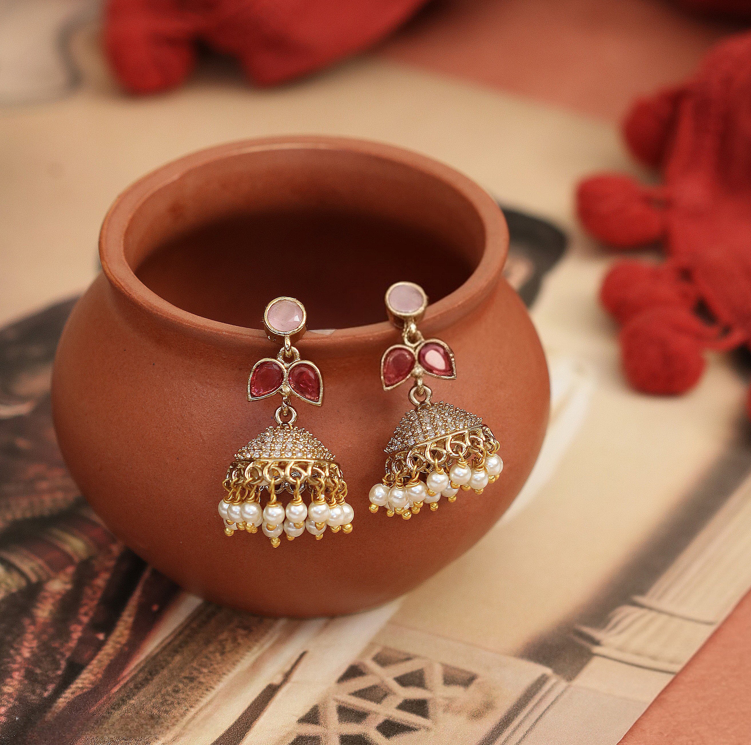 Traditional Single Leaf Petals Mehendi Plated Jhumka