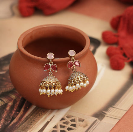Traditional Single Leaf Petals Mehendi Plated Jhumka