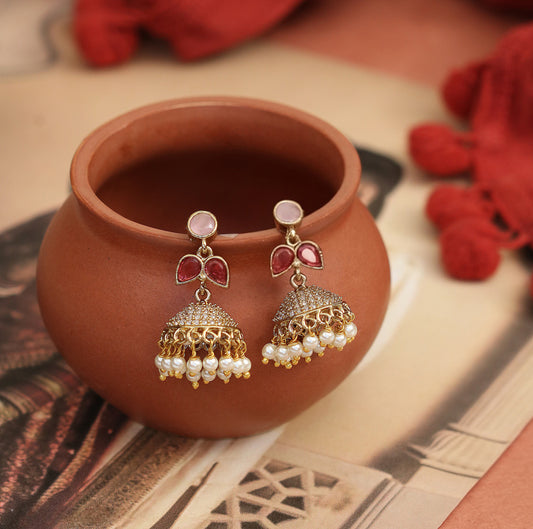 Traditional Single Leaf Petals Mehendi Plated Jhumka