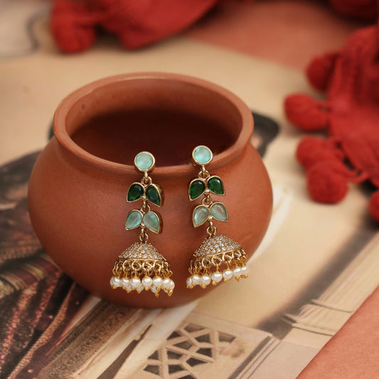 Traditional Double Layered Leaf Petals Mehendi Plated Jhumka