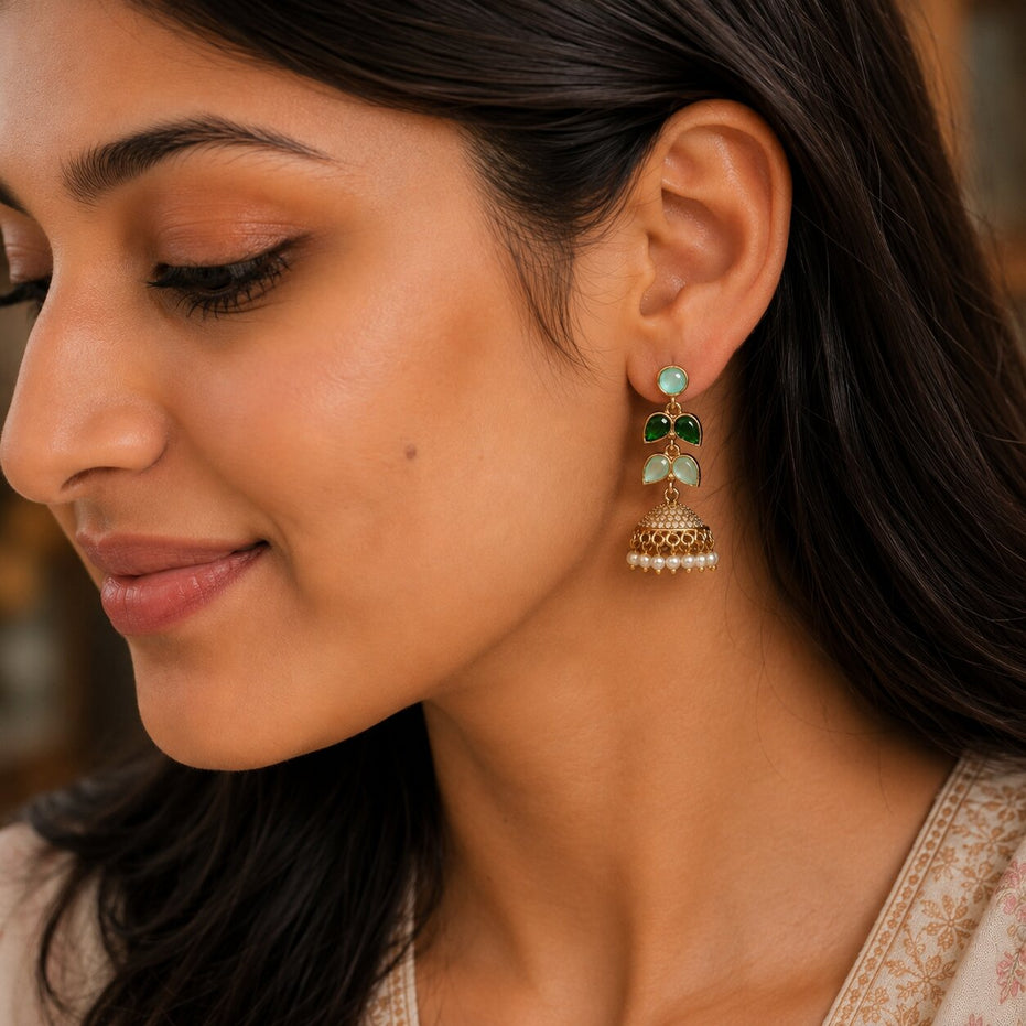 Traditional Double Layered Leaf Petals Mehendi Plated Jhumka