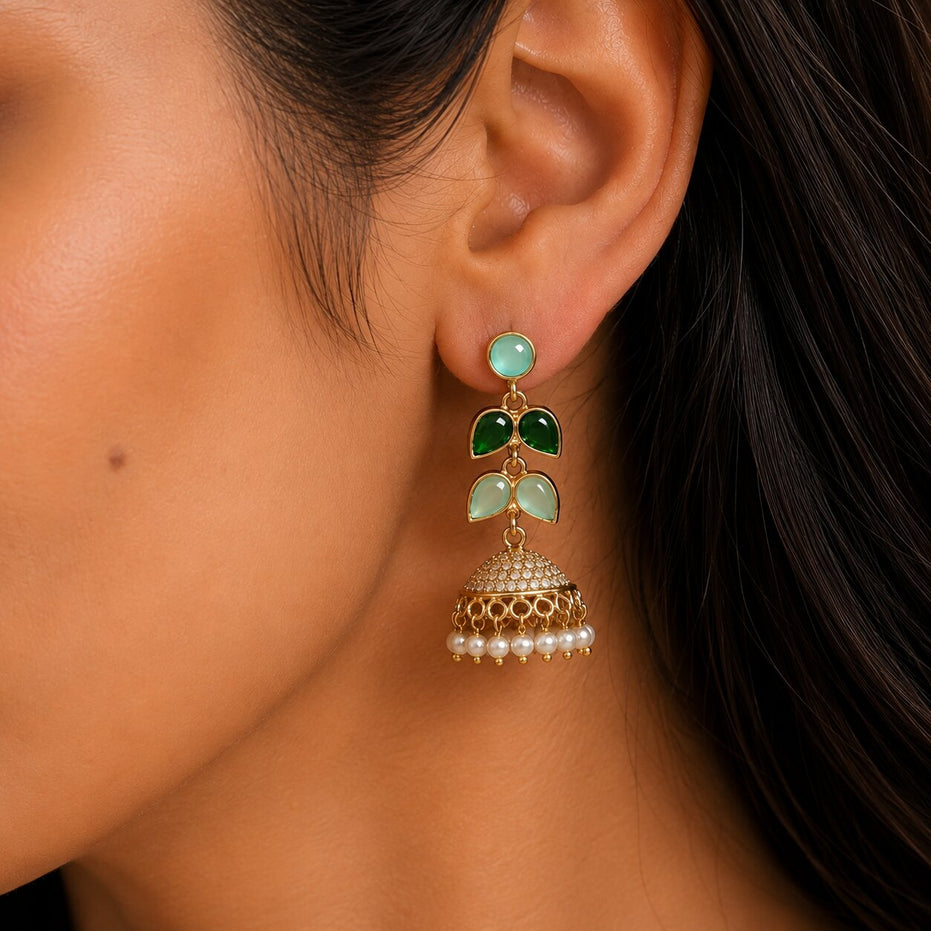 Traditional Double Layered Leaf Petals Mehendi Plated Jhumka