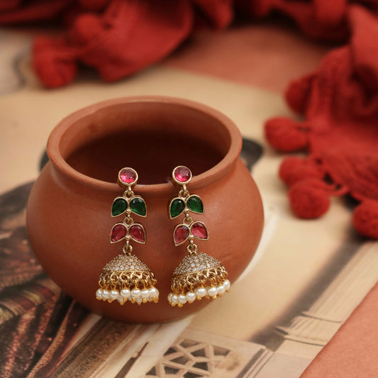 Traditional Double Layered Leaf Petals Mehendi Plated Jhumka