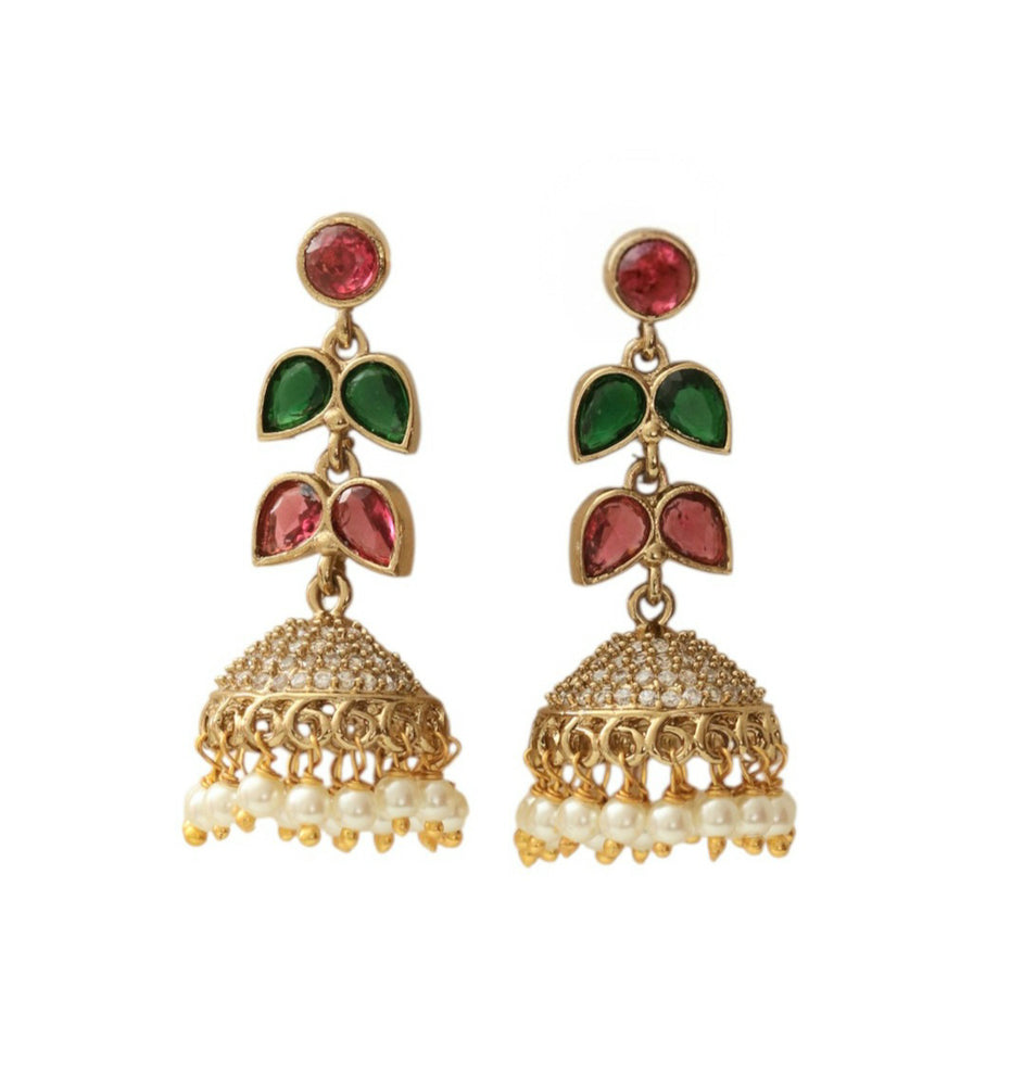 Traditional Double Layered Leaf Petals Mehendi Plated Jhumka