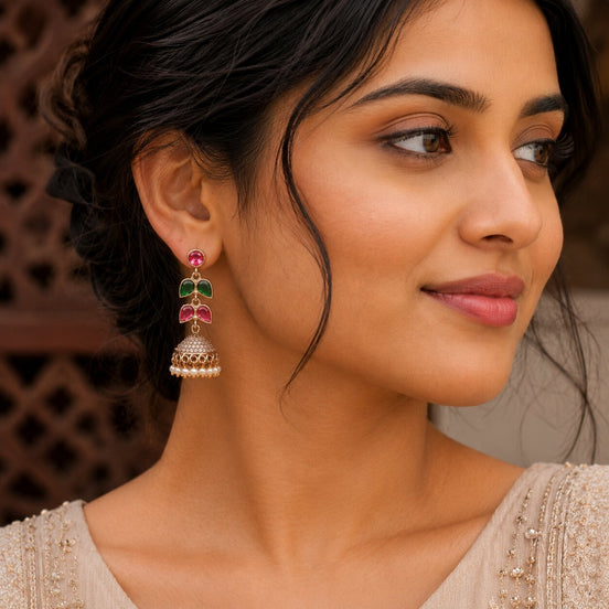 Traditional Double Layered Leaf Petals Mehendi Plated Jhumka