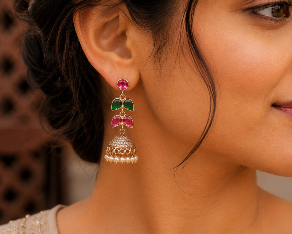 Traditional Double Layered Leaf Petals Mehendi Plated Jhumka