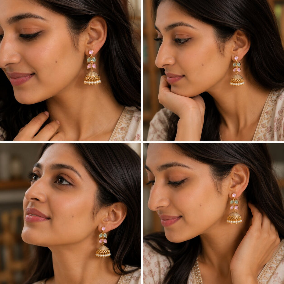Traditional Double Layered Leaf Petals Mehendi Plated Jhumka