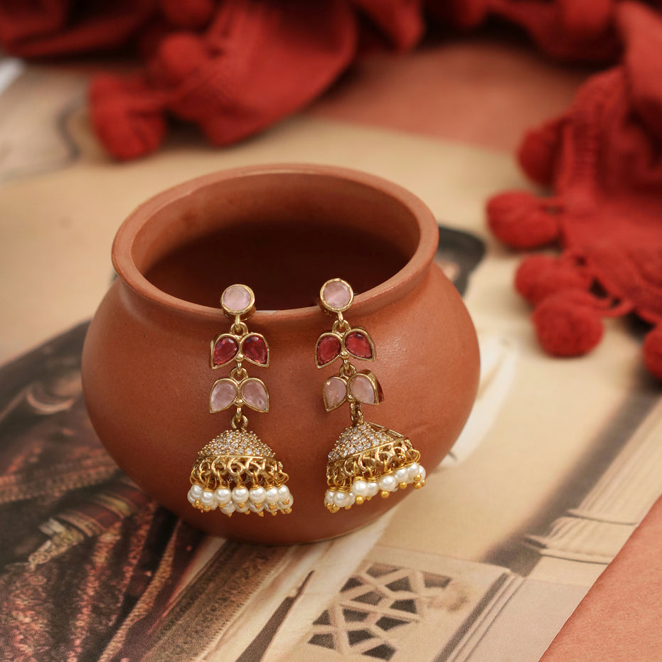 Traditional Double Layered Leaf Petals Mehendi Plated Jhumka
