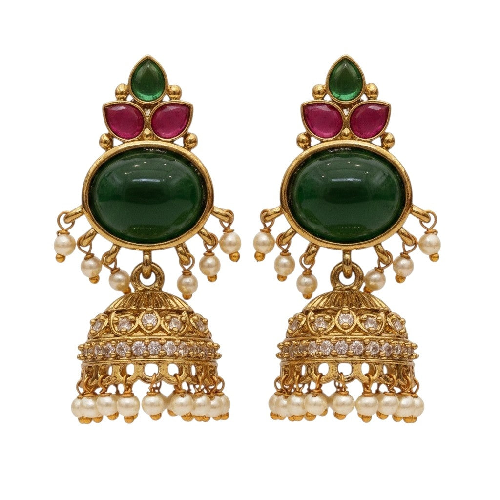 Pearl Drop Intricated Detailing Mehendi Plated Jhumka