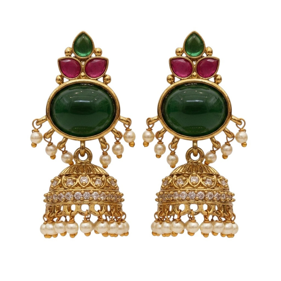 Pearl Drop Intricated Detailing Mehendi Plated Jhumka
