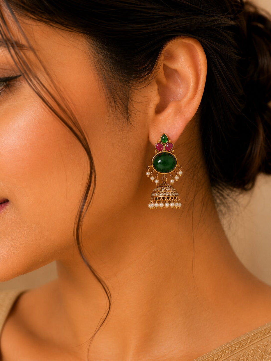 Pearl Drop Intricated Detailing Mehendi Plated Jhumka