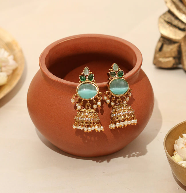 Pearl Drop Intricated Detailing Mehendi Plated Jhumka
