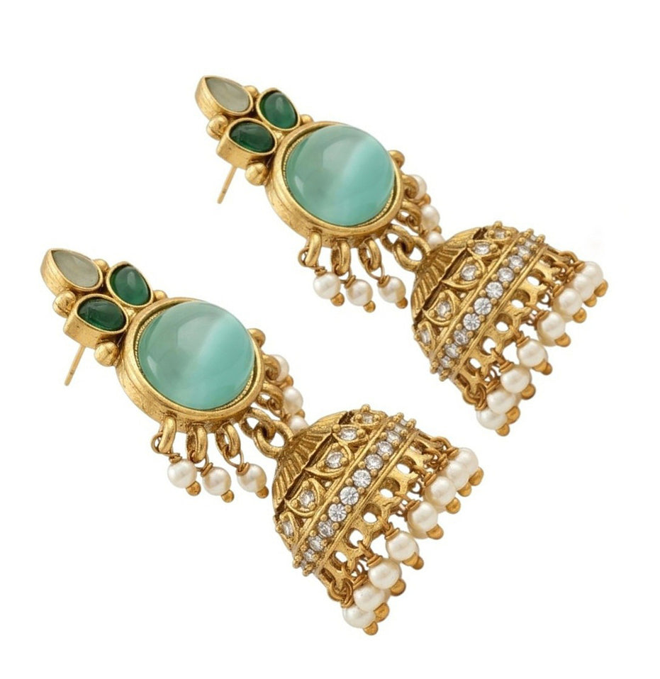 Pearl Drop Intricated Detailing Mehendi Plated Jhumka